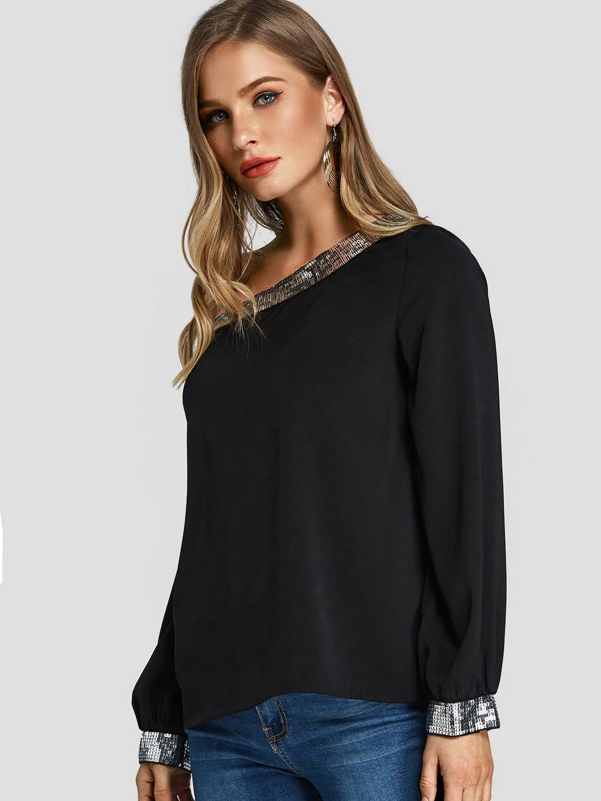 Custom One Shoulder Sequins Embellished Long Sleeve Black Blouses