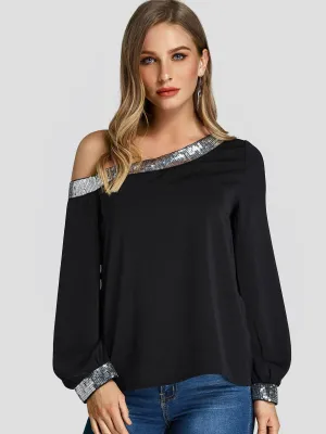 Custom One Shoulder Sequins Embellished Long Sleeve Black Blouses