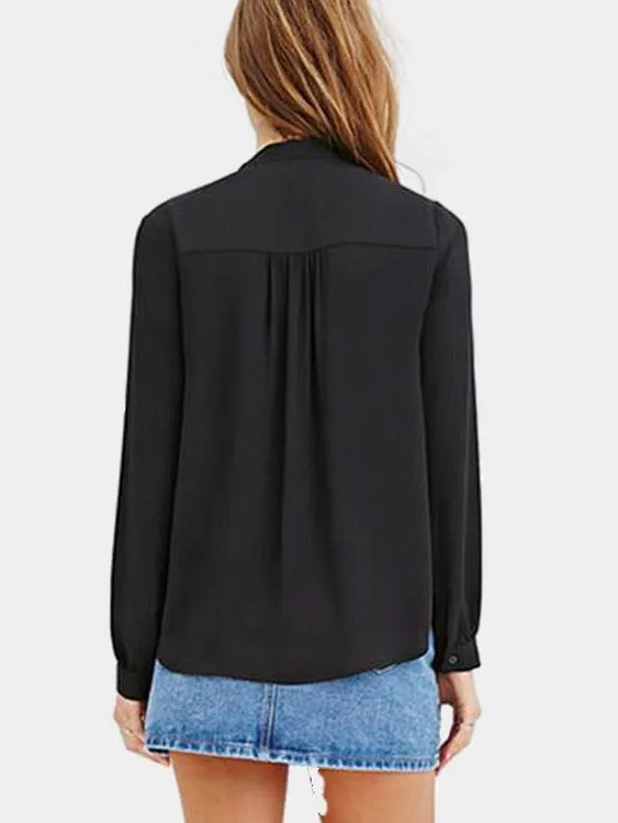 Custom V-Neck Long Sleeve Black Blouses