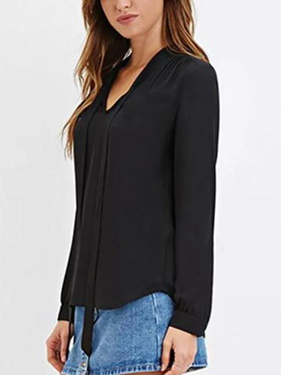 Custom V-Neck Long Sleeve Black Blouses