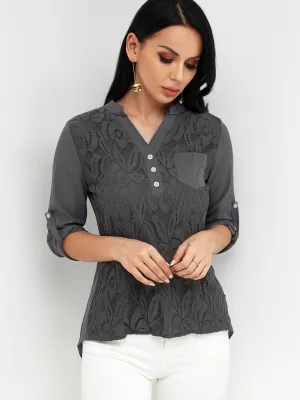 Custom V-Neck Sheer Lace Long Sleeve Grey Blouses