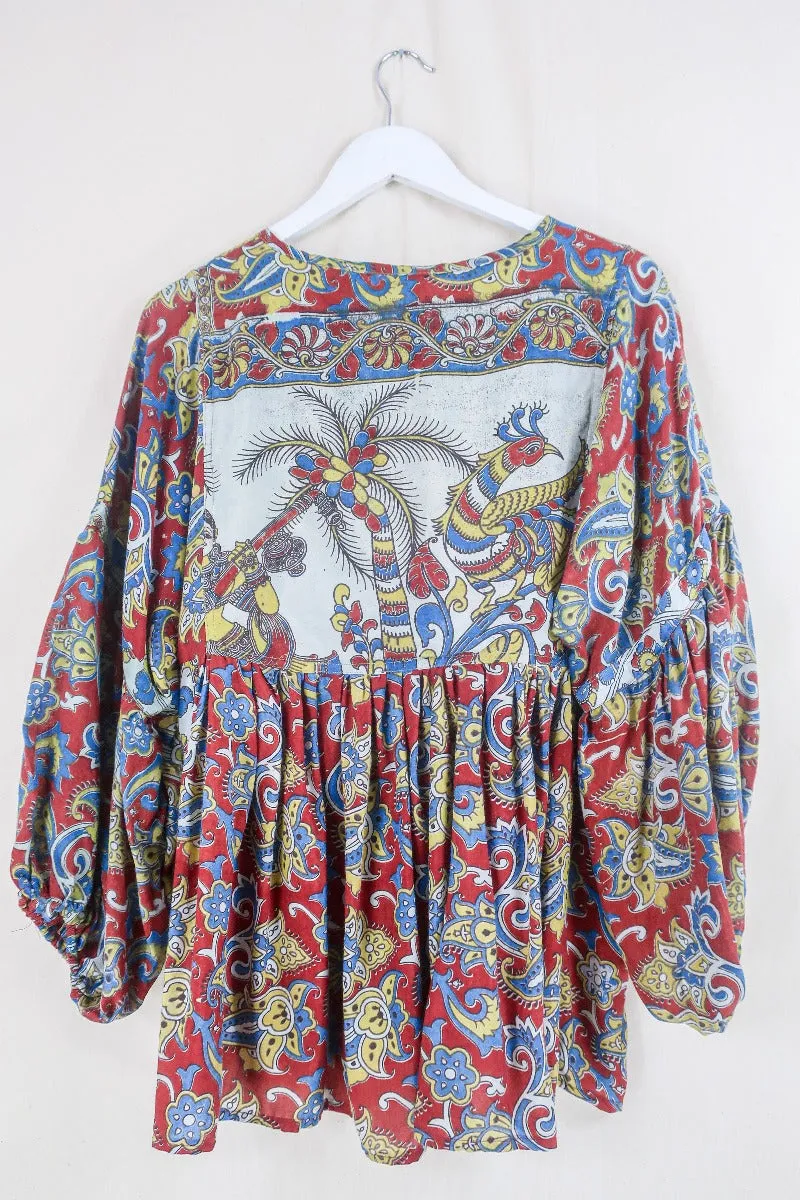 Daisy Smock Top - Pepper Red Paradise - Vintage Indian Cotton - Size XS