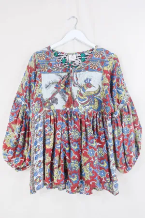 Daisy Smock Top - Pepper Red Paradise - Vintage Indian Cotton - Size XS