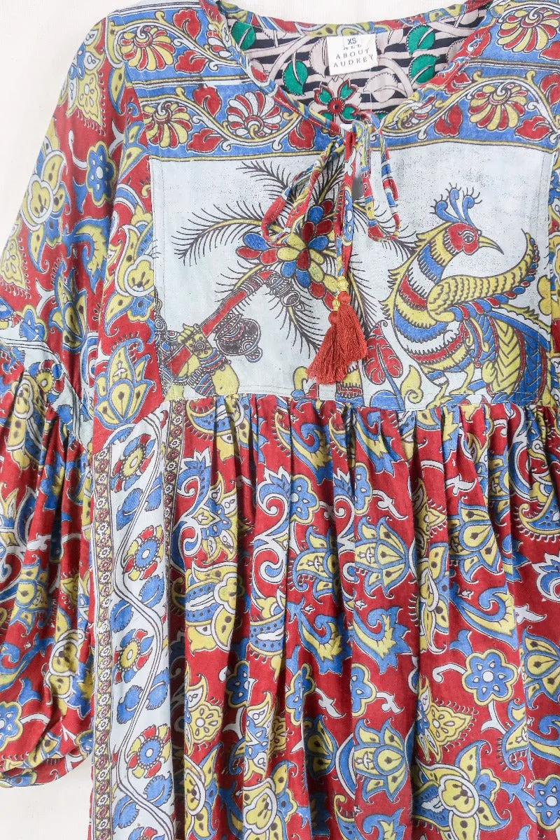 Daisy Smock Top - Pepper Red Paradise - Vintage Indian Cotton - Size XS