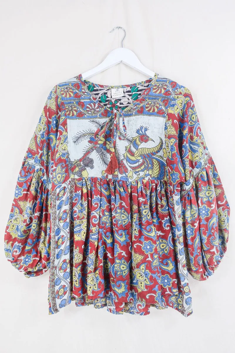 Daisy Smock Top - Pepper Red Paradise - Vintage Indian Cotton - Size XS