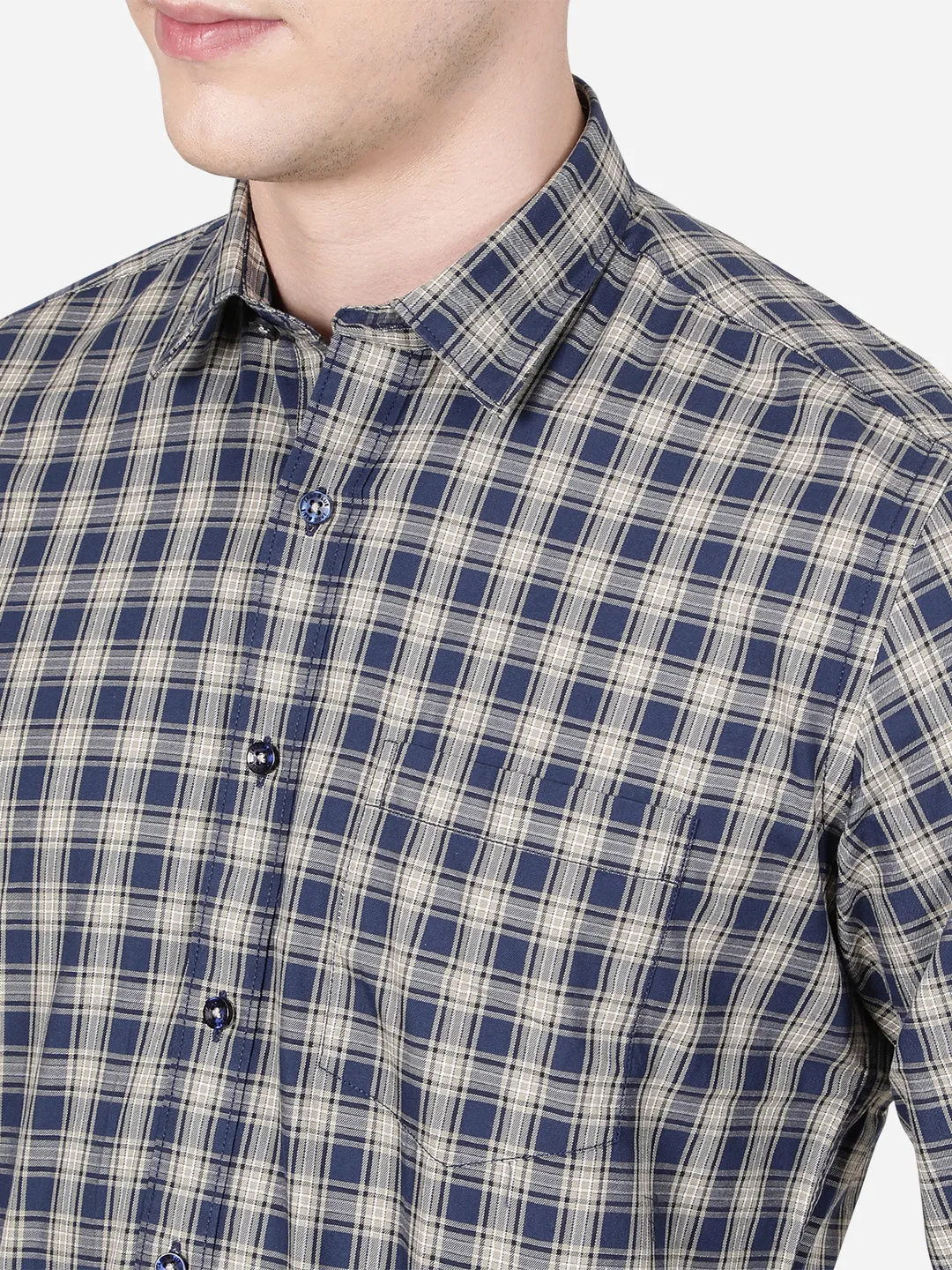 Denim Blue Checked Slim Fit Casual Shirt | JadeBlue