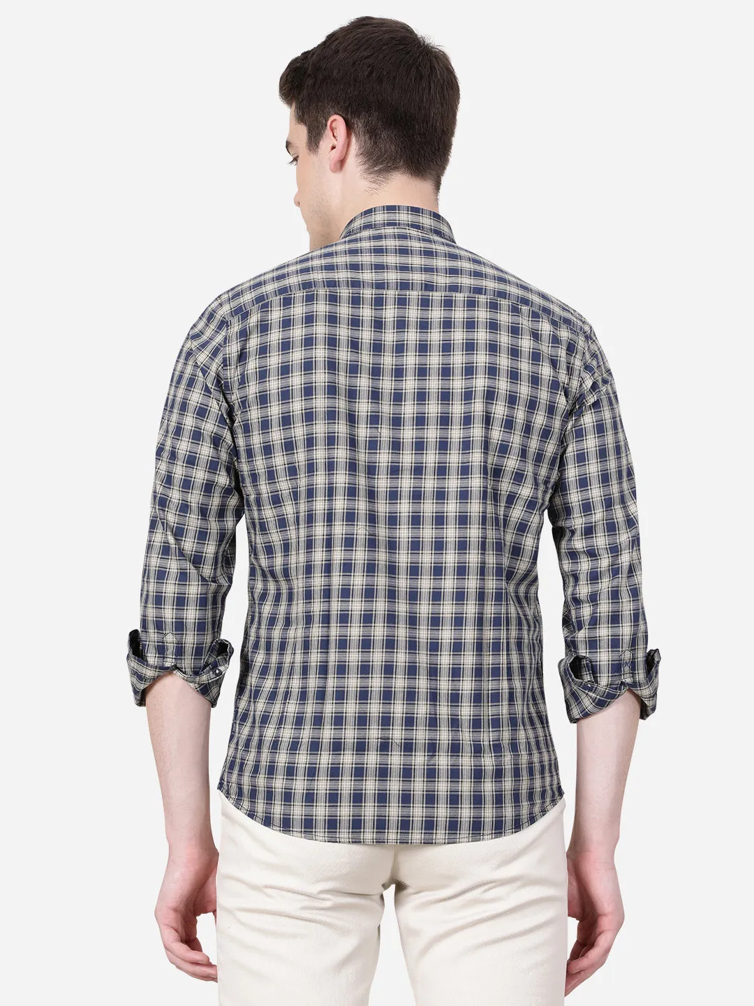 Denim Blue Checked Slim Fit Casual Shirt | JadeBlue