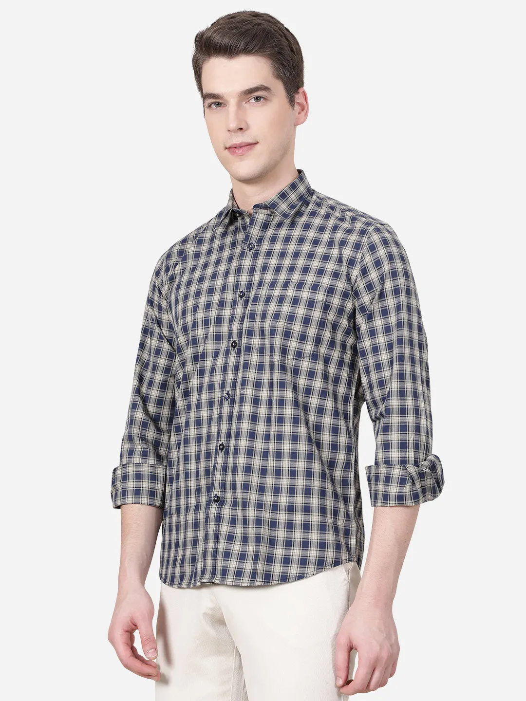 Denim Blue Checked Slim Fit Casual Shirt | JadeBlue
