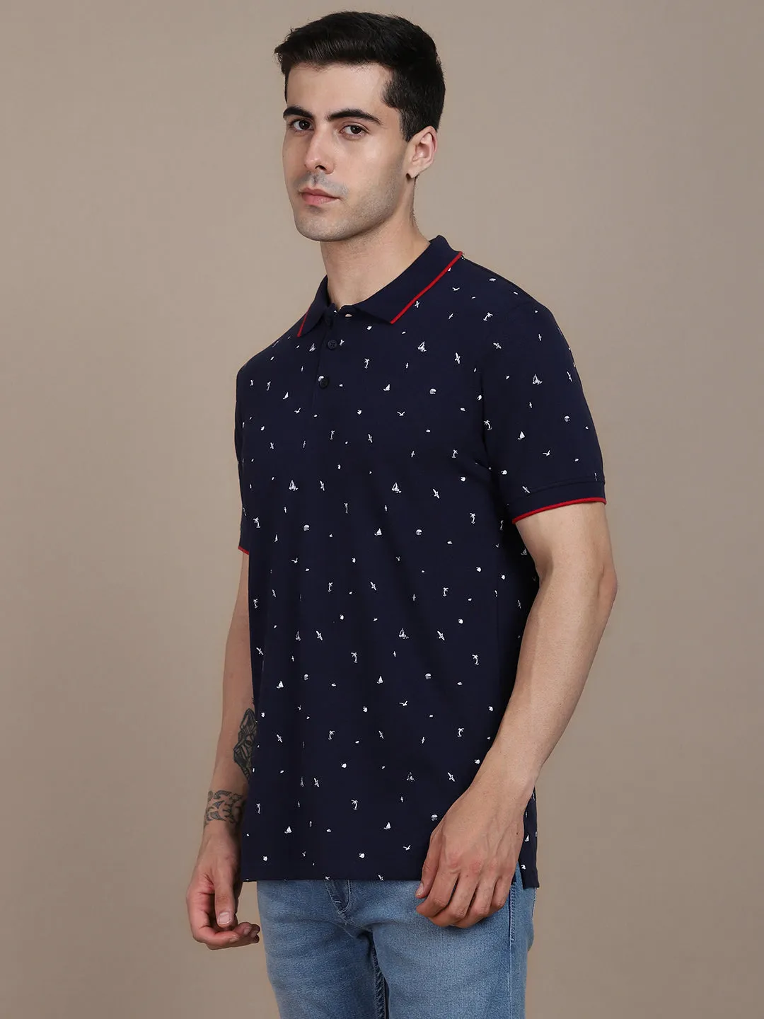 Dennis Lingo Conversational Printed Polo Collar Cotton T-shirt