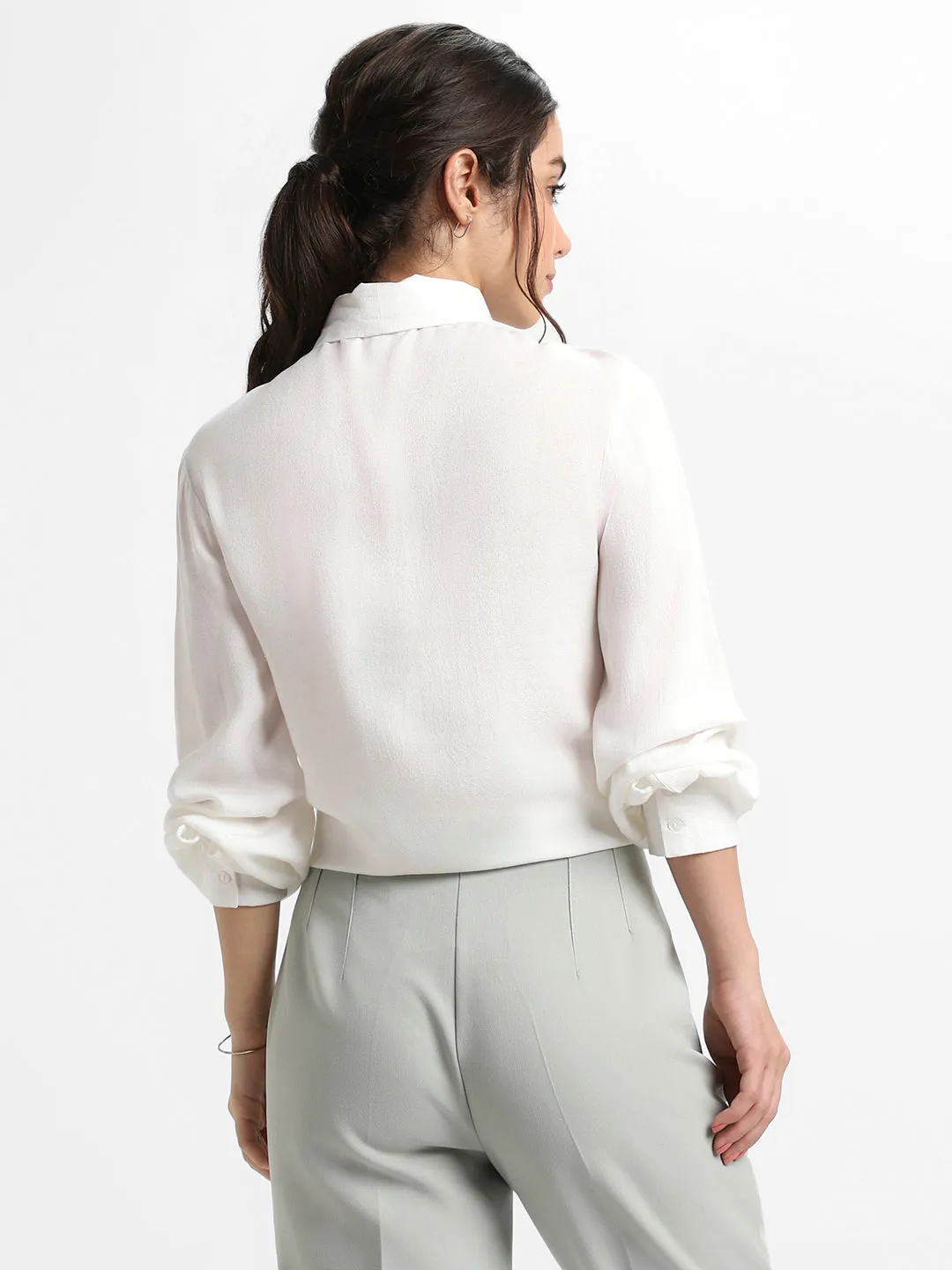 DL Woman Tie Up Neck Regular Fit Solid Off White Top
