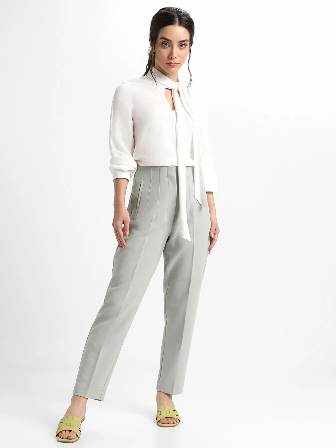 DL Woman Tie Up Neck Regular Fit Solid Off White Top
