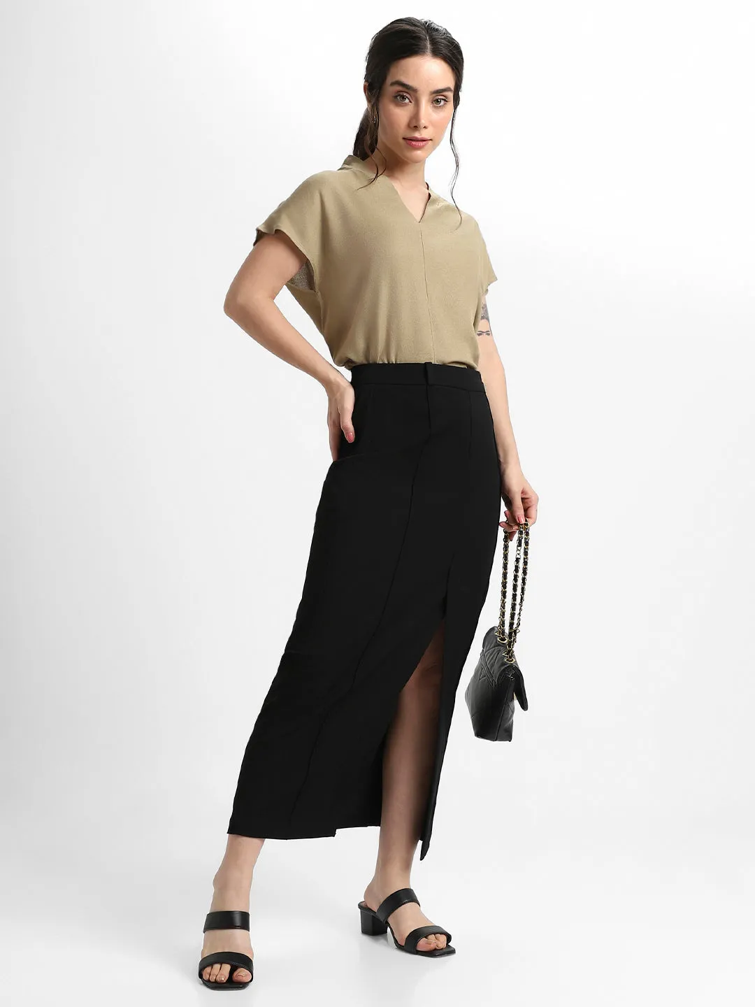 DL Woman V- Neck Regular Fit Solid Khaki Top