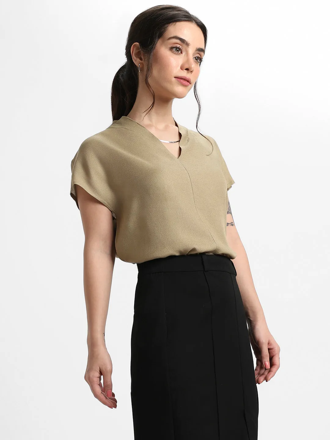 DL Woman V- Neck Regular Fit Solid Khaki Top