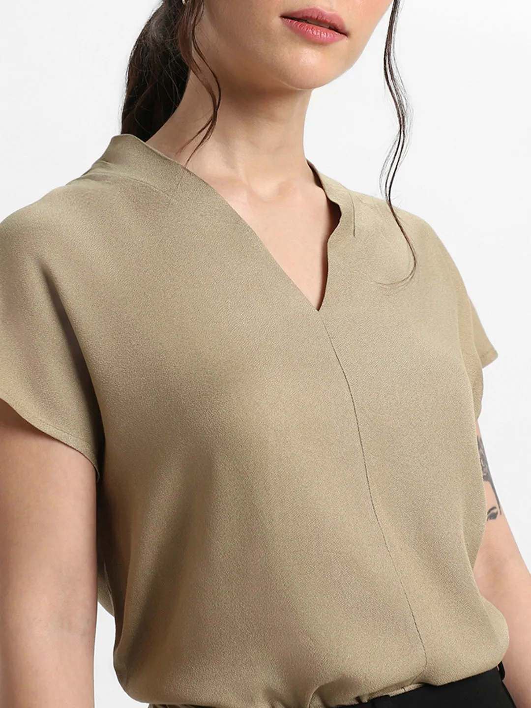 DL Woman V- Neck Regular Fit Solid Khaki Top