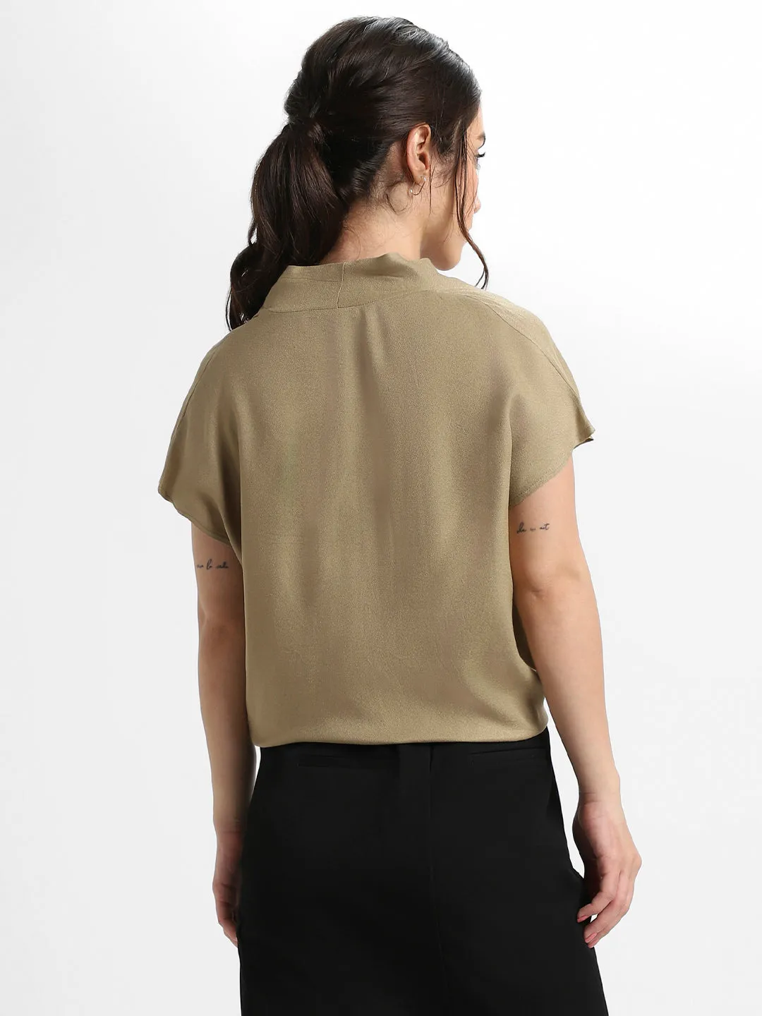 DL Woman V- Neck Regular Fit Solid Khaki Top