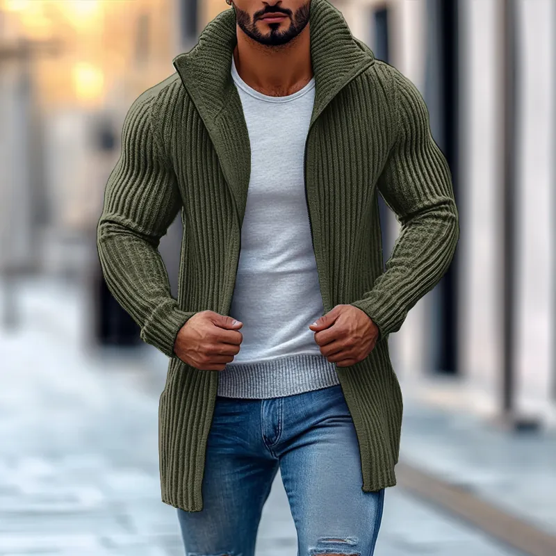 Fashion Stand Collar Solid Striped Long Sleeve Mid-length Knit Cardigan