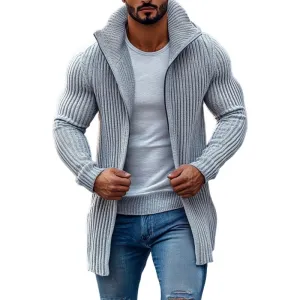 Fashion Stand Collar Solid Striped Long Sleeve Mid-length Knit Cardigan
