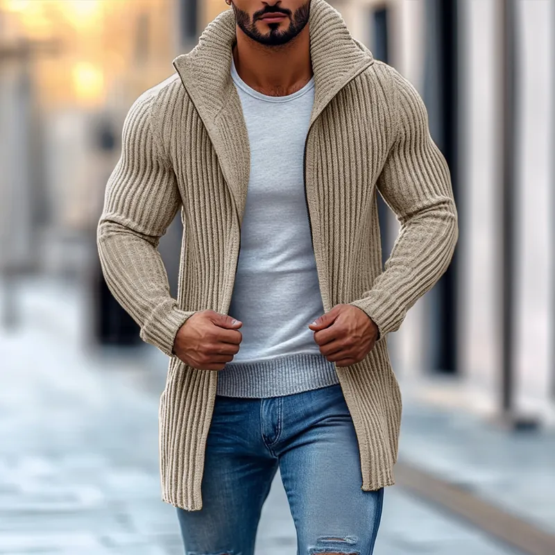 Fashion Stand Collar Solid Striped Long Sleeve Mid-length Knit Cardigan