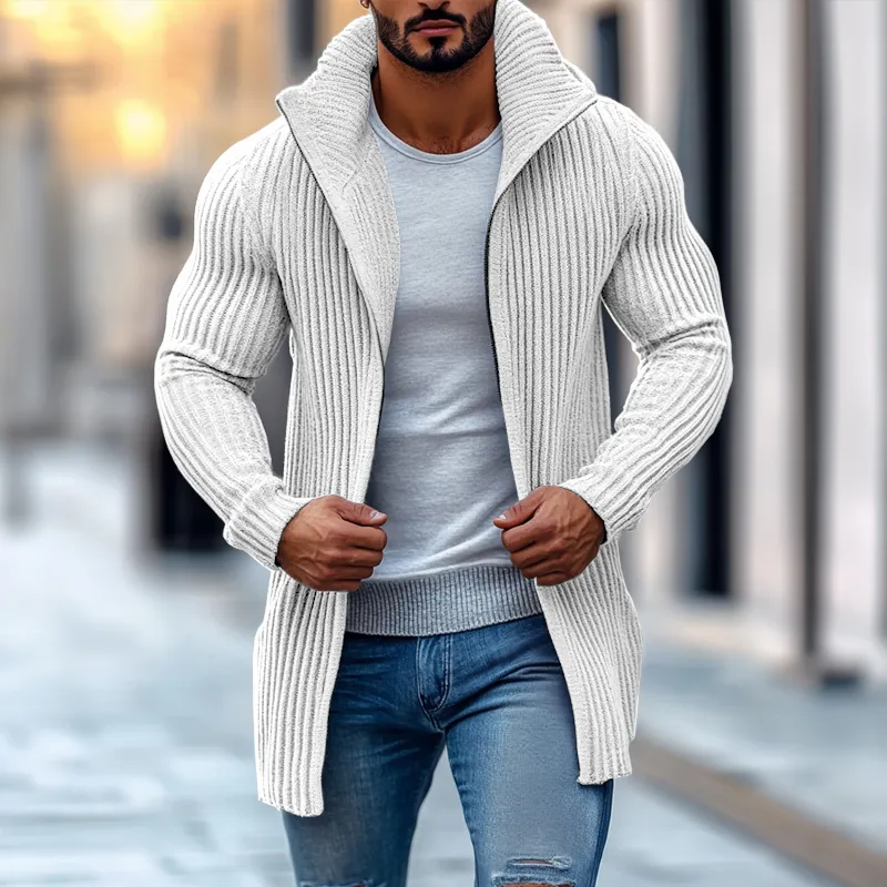 Fashion Stand Collar Solid Striped Long Sleeve Mid-length Knit Cardigan