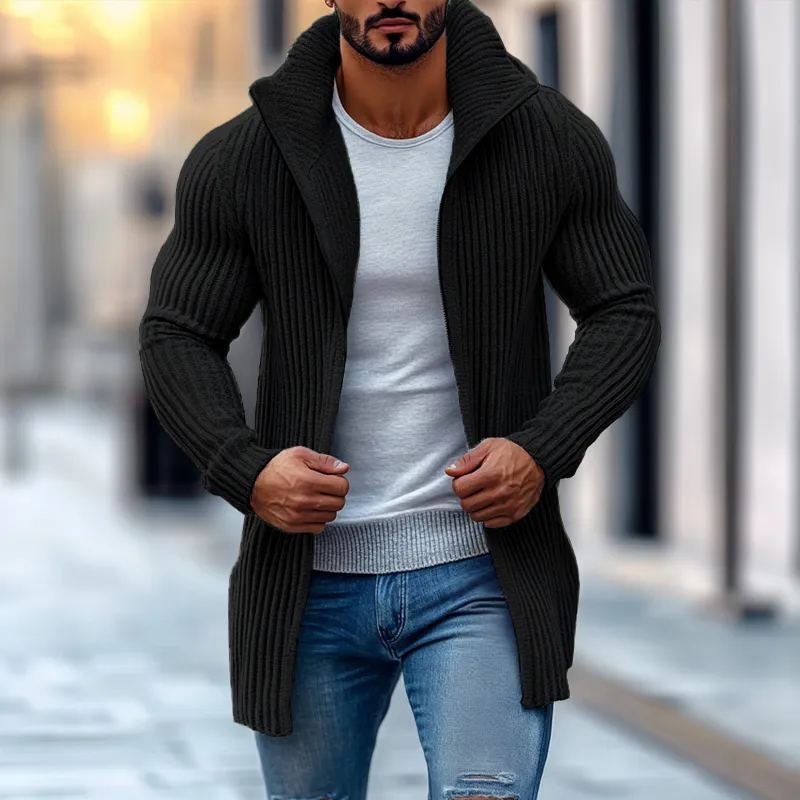 Fashion Stand Collar Solid Striped Long Sleeve Mid-length Knit Cardigan