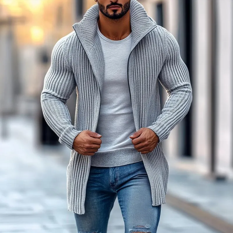 Fashion Stand Collar Solid Striped Long Sleeve Mid-length Knit Cardigan