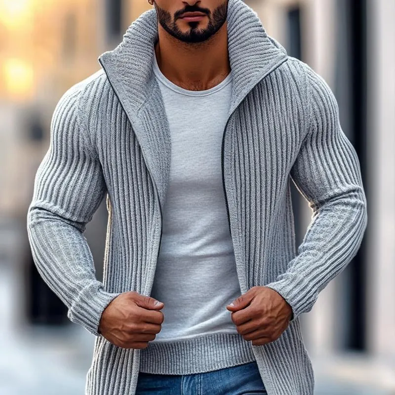 Fashion Stand Collar Solid Striped Long Sleeve Mid-length Knit Cardigan