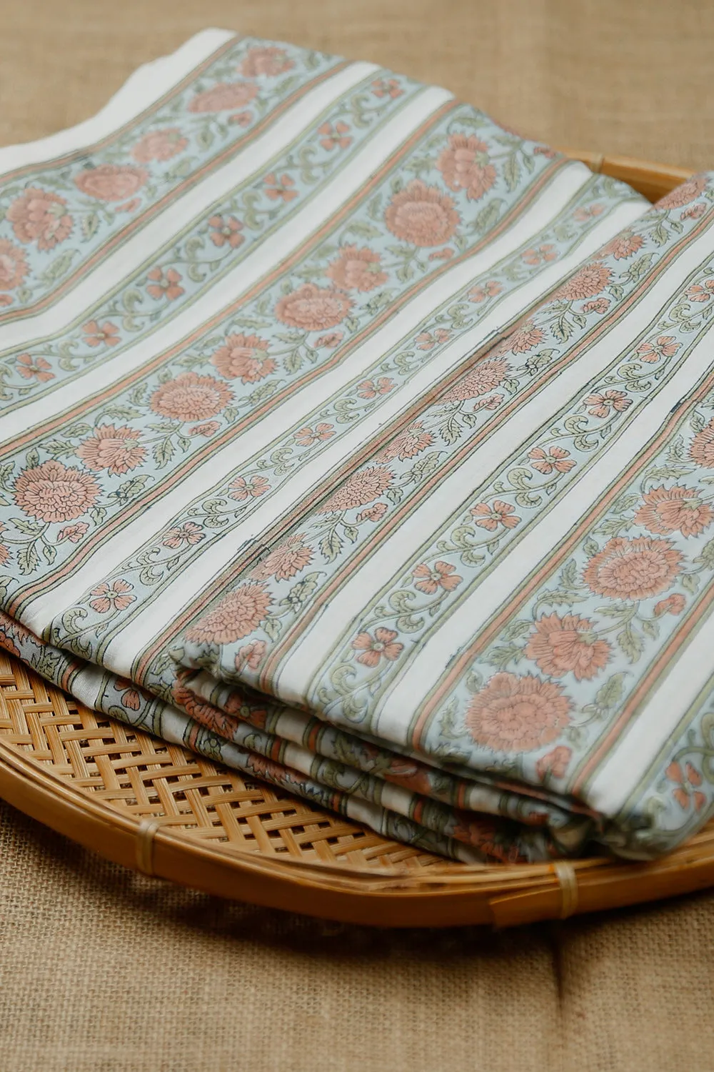 Floral & Stripes on Mughal Print Cotton Fabric - 0.55m