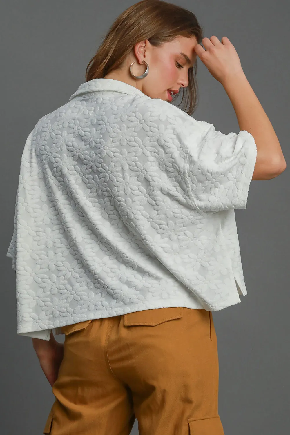 Floral Johnny Collar Half Sleeve Jacquard Top
