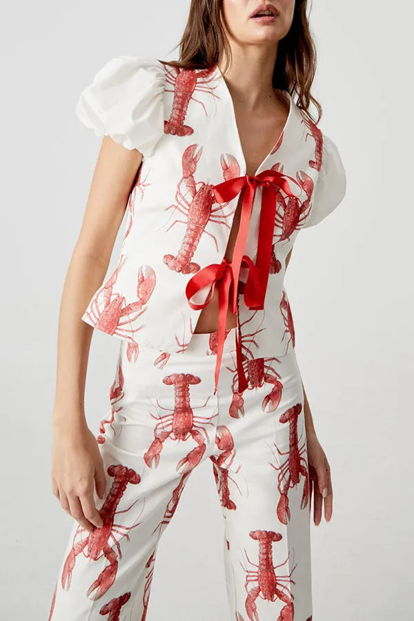 Fun Vacation Lobster Print Front Tie-up Puff Sleeve Loose Shirt