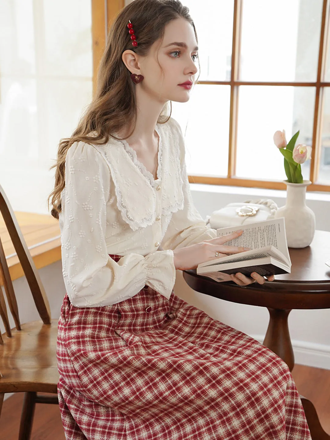 Gail French Style Embossed Jacquard V-neck  Shirt