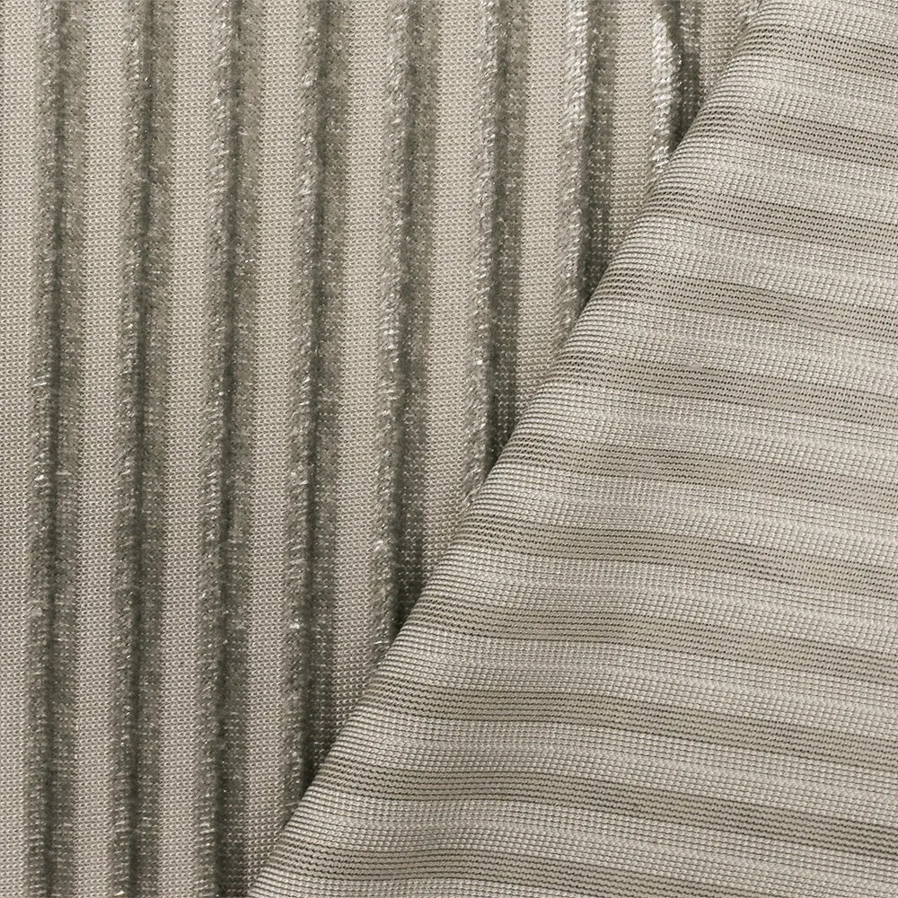 Gray Stripe Burnout Stretch Poly Spandex Velvet Knit Fabric