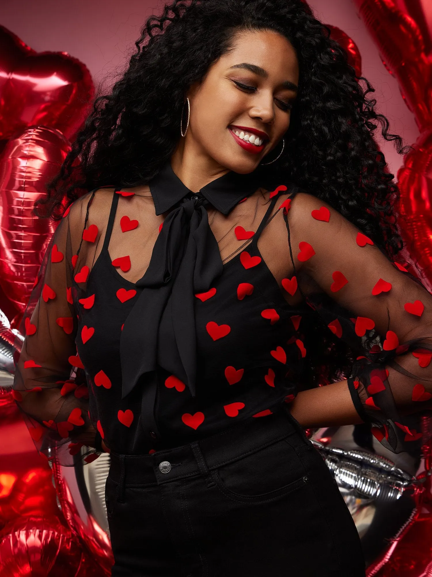Heart-Print Mesh Bow-Neck Blouse