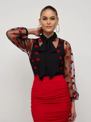 Heart-Print Mesh Bow-Neck Blouse
