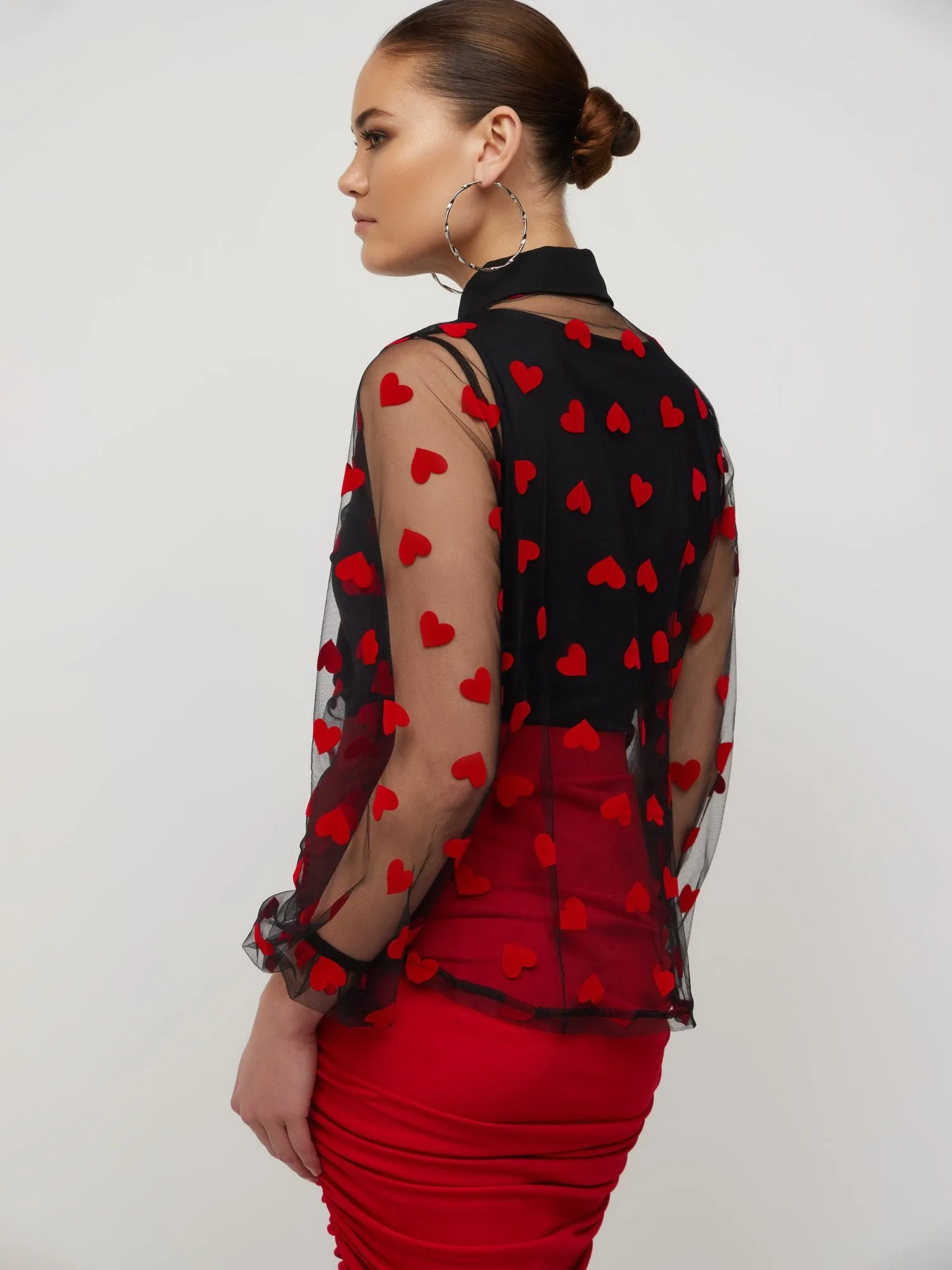 Heart-Print Mesh Bow-Neck Blouse