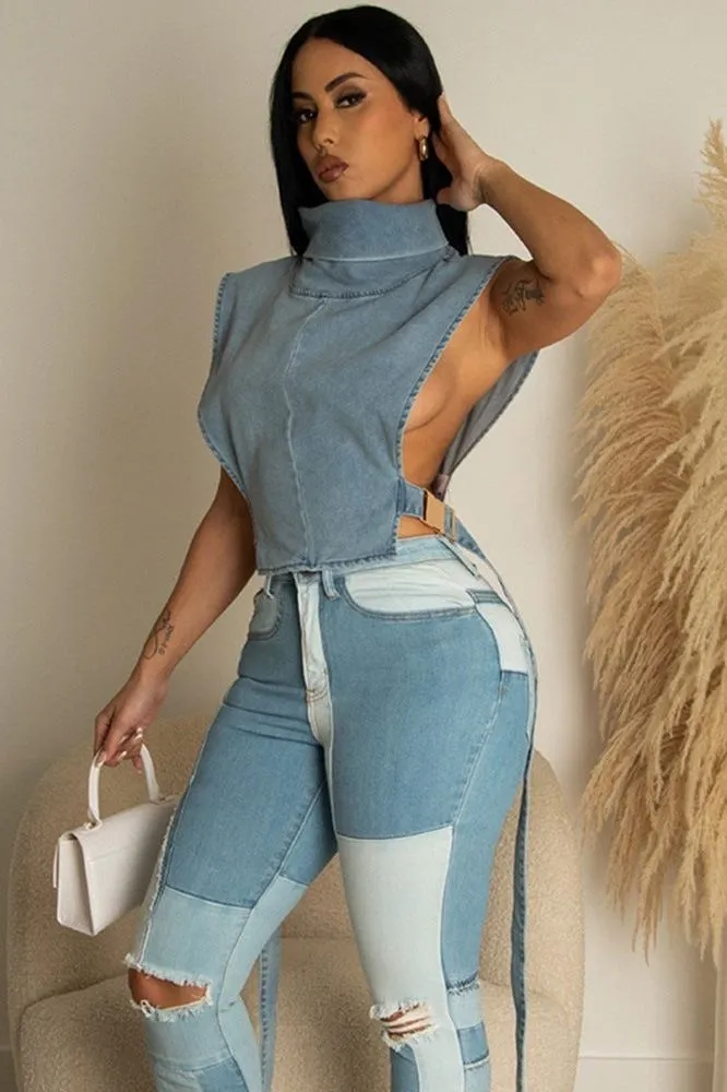 High collar sleeveless denim short vest
