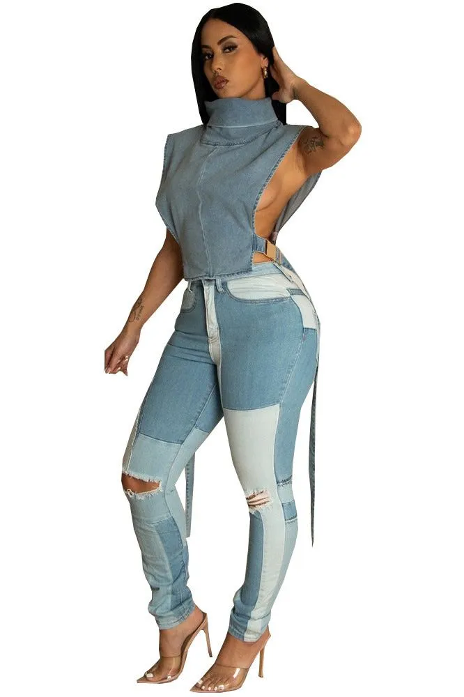 High collar sleeveless denim short vest