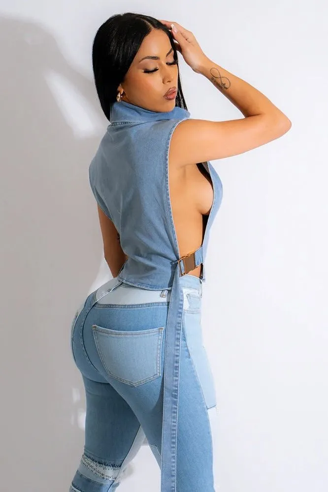 High collar sleeveless denim short vest