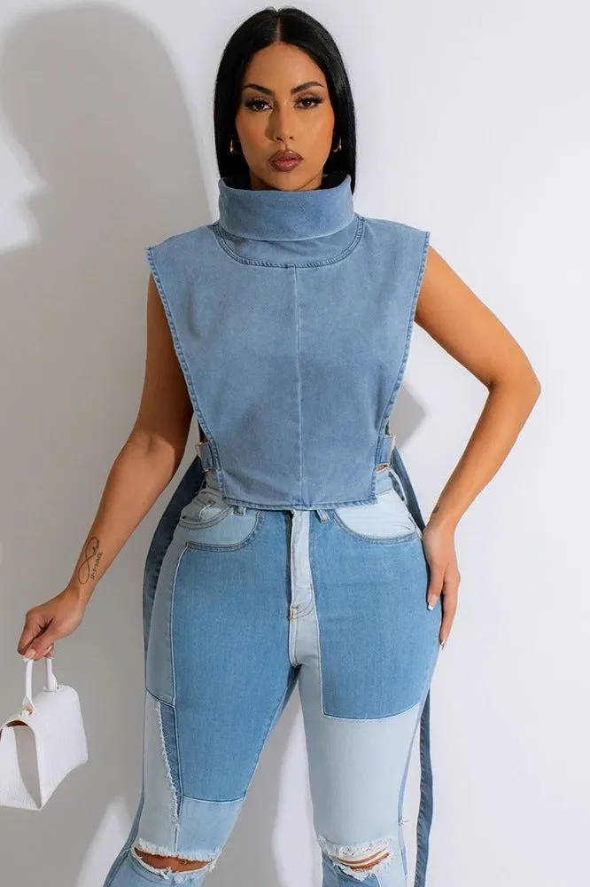 High collar sleeveless denim short vest