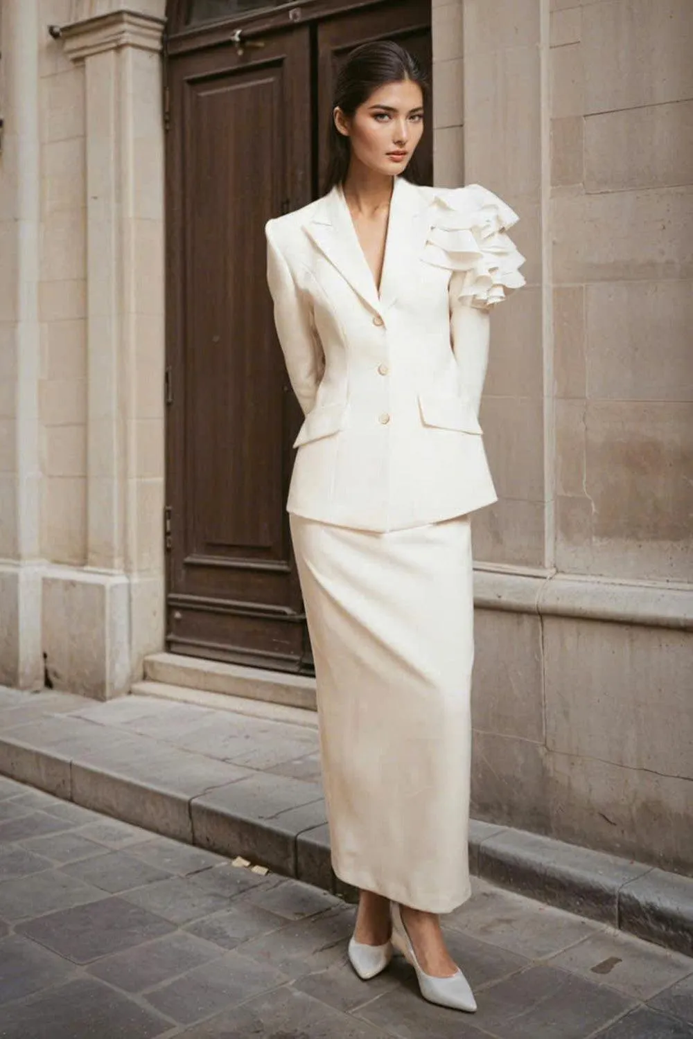 Hori Structured Ruffled Wool Blend Blazer