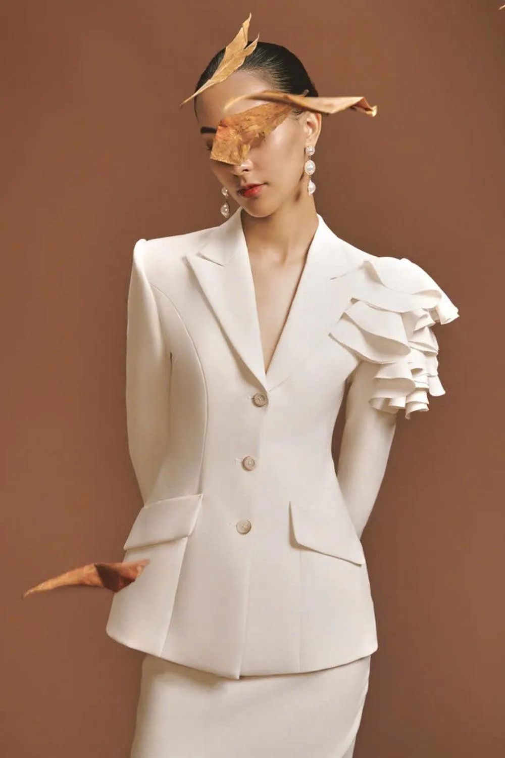 Hori Structured Ruffled Wool Blend Blazer