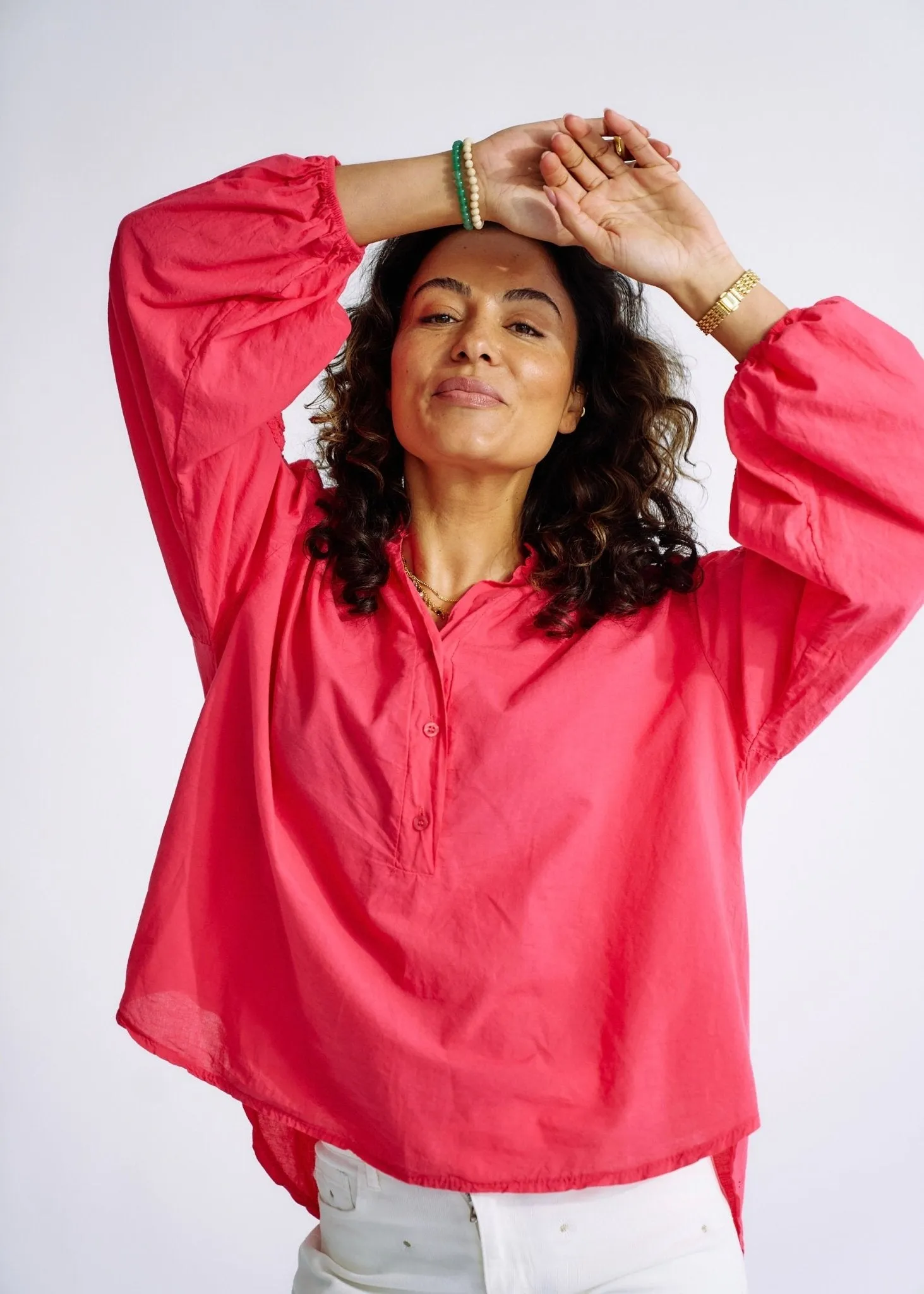 Italian Cotton Blouse with Embroidered Sleeves in Strawberry