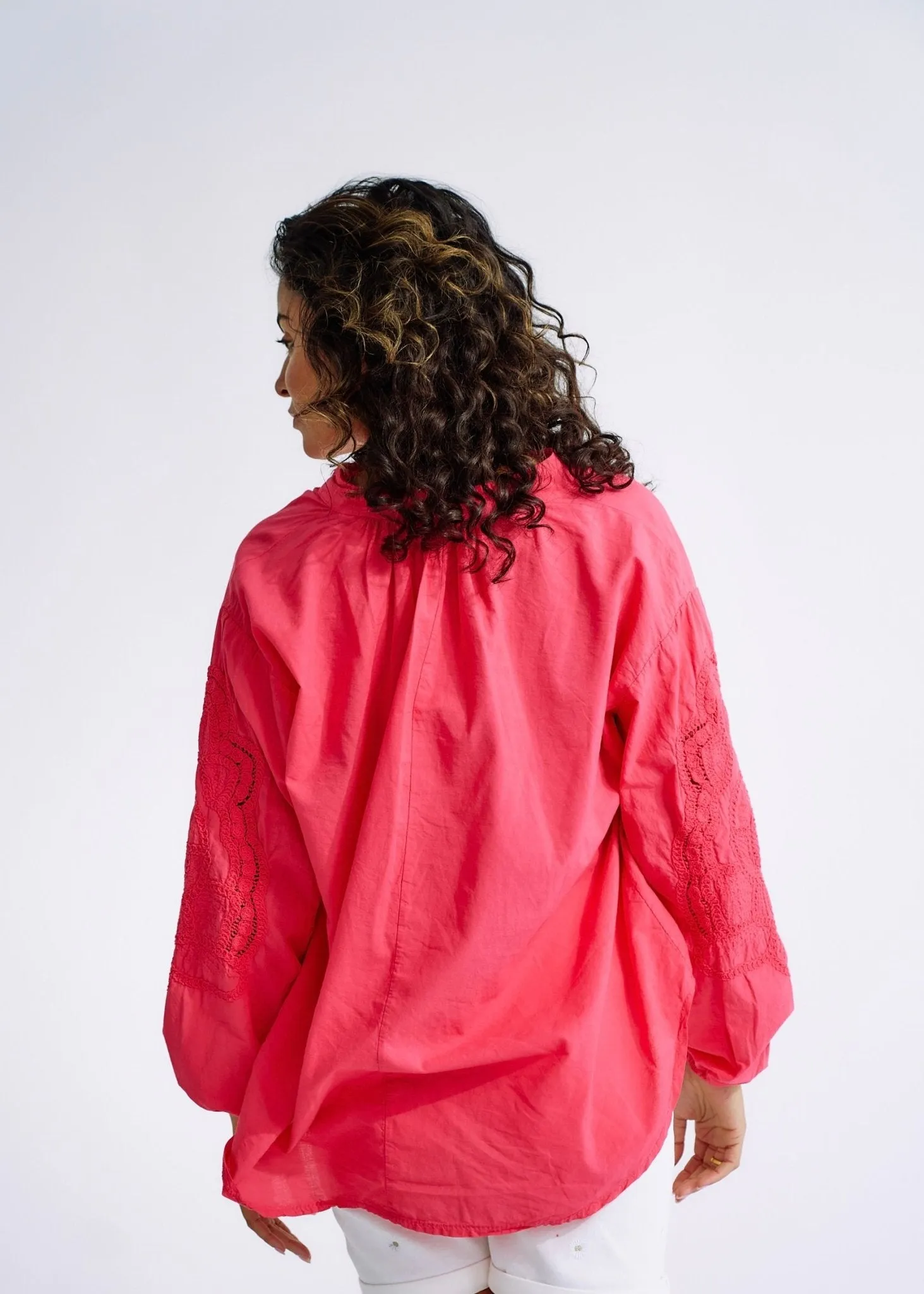 Italian Cotton Blouse with Embroidered Sleeves in Strawberry
