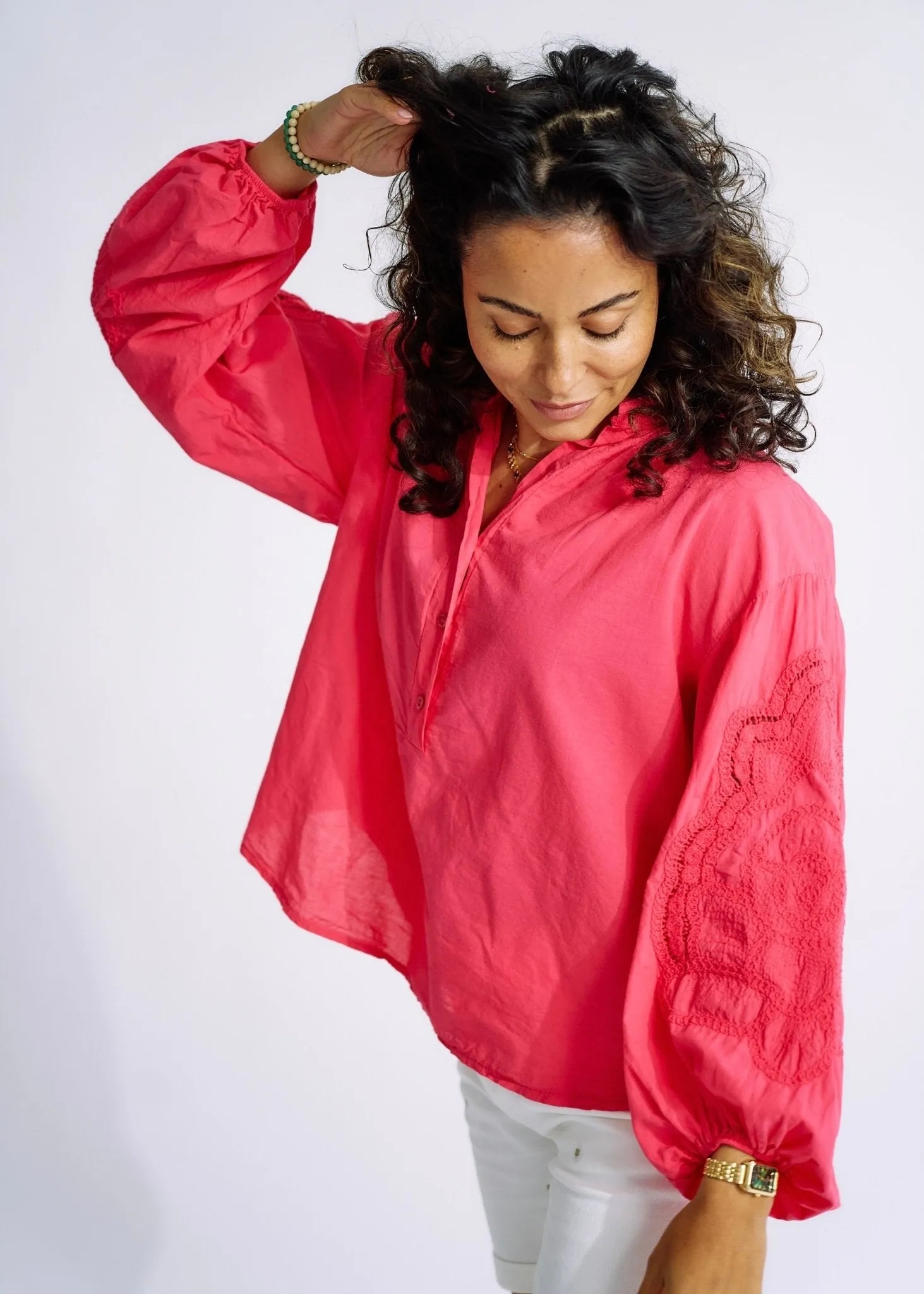 Italian Cotton Blouse with Embroidered Sleeves in Strawberry