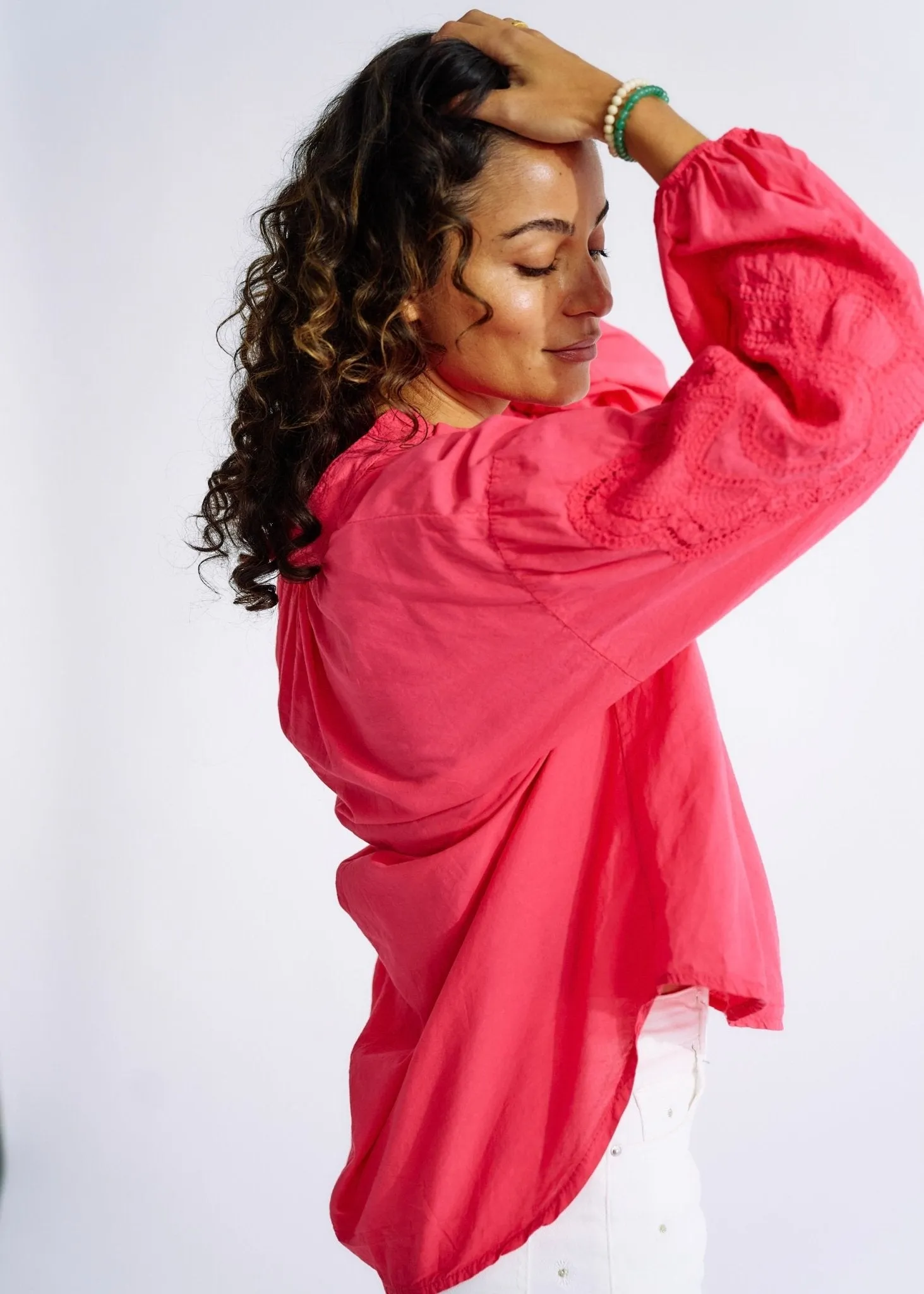 Italian Cotton Blouse with Embroidered Sleeves in Strawberry