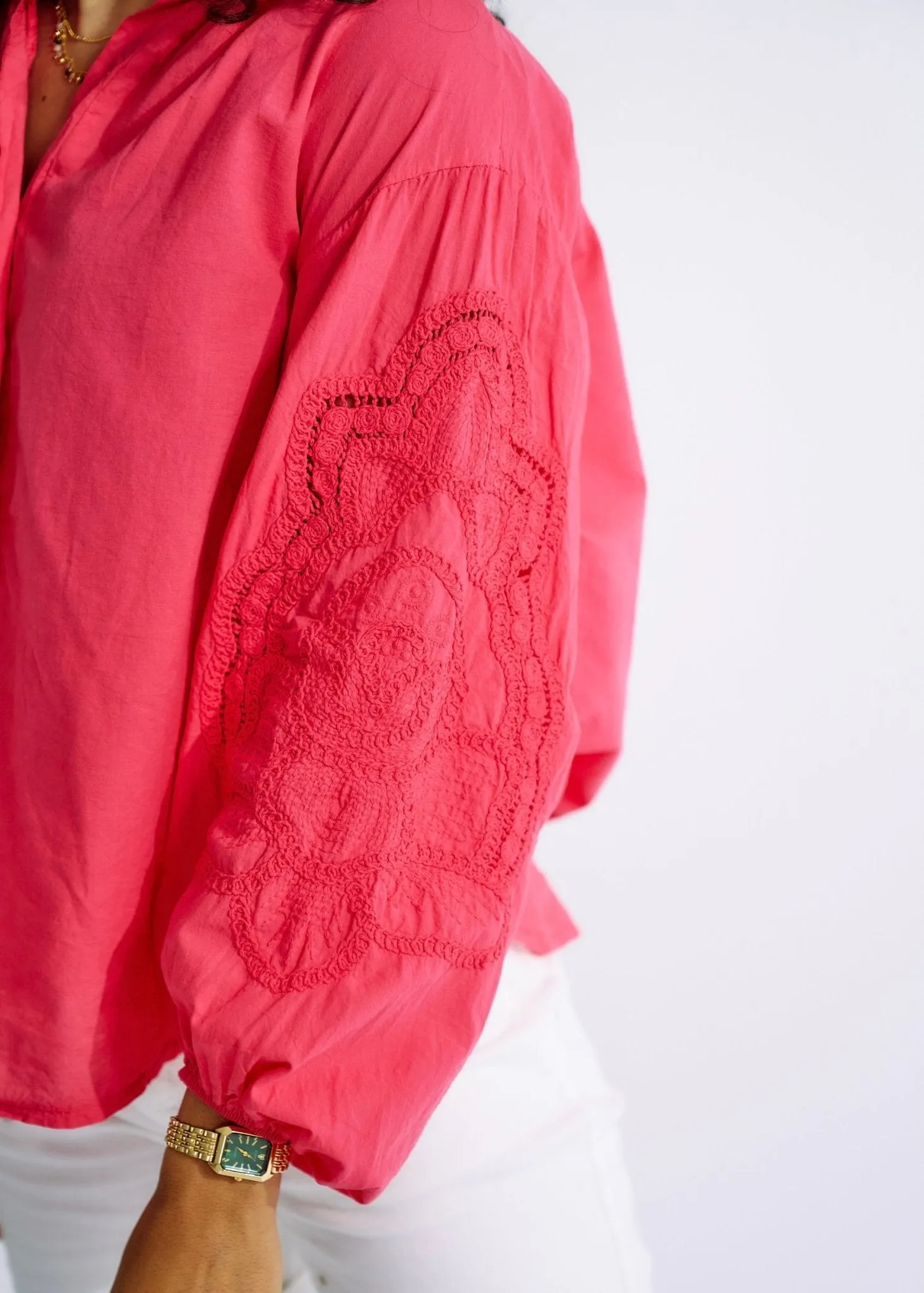 Italian Cotton Blouse with Embroidered Sleeves in Strawberry