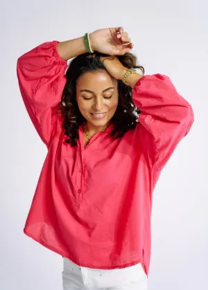 Italian Cotton Blouse with Embroidered Sleeves in Strawberry