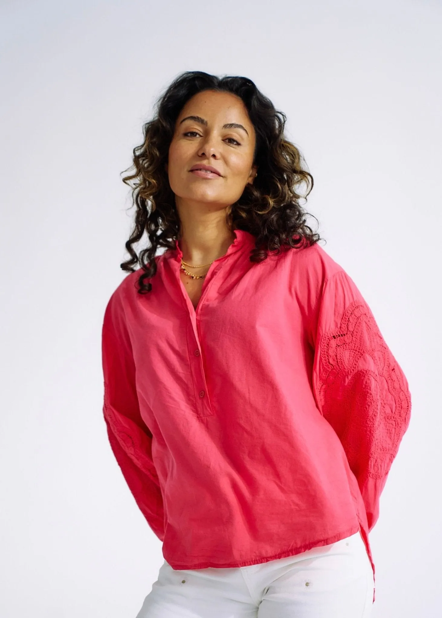 Italian Cotton Blouse with Embroidered Sleeves in Strawberry