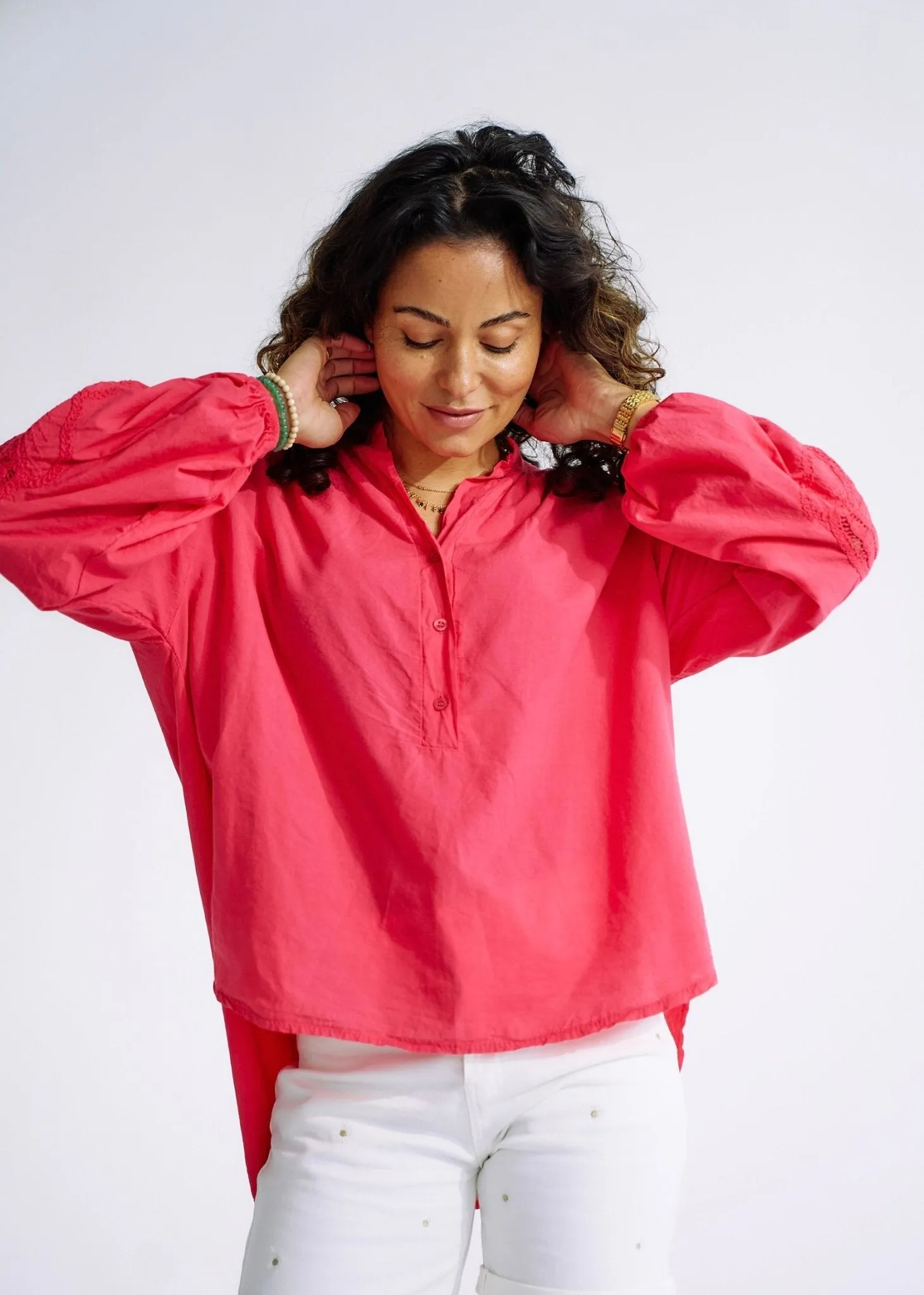 Italian Cotton Blouse with Embroidered Sleeves in Strawberry