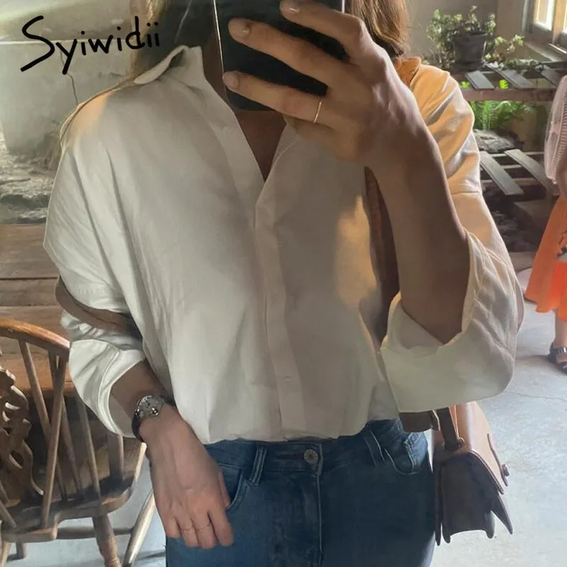 Joskaa Womens Pink Shirts Korean Fashion Oversized Loose Long Sleeve White Blouse Cotton High Quality 2024 Summer Fall Tops