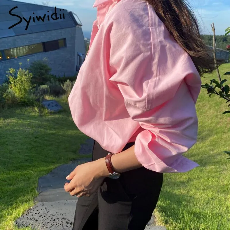 Joskaa Womens Pink Shirts Korean Fashion Oversized Loose Long Sleeve White Blouse Cotton High Quality 2024 Summer Fall Tops